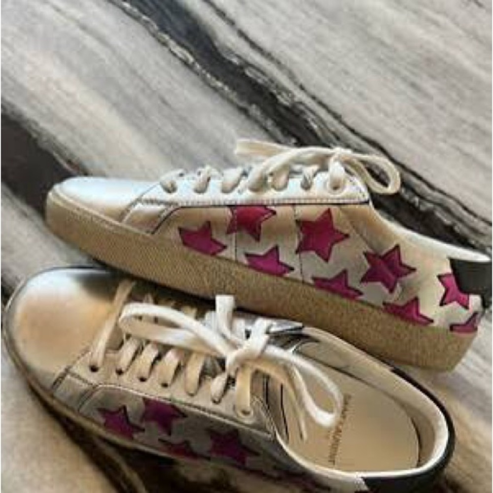 Saint Laurent Silver and Pink Star Sneakers
